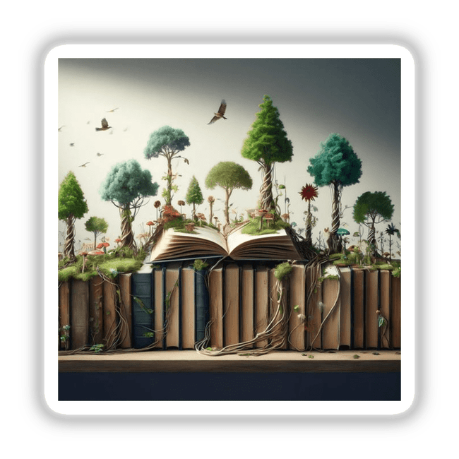 Forest of the Mind - Bookshelf with Trees Growing from the Pages, depicting a book with small trees sprouting from its open pages, available as stickers or digital artwork.