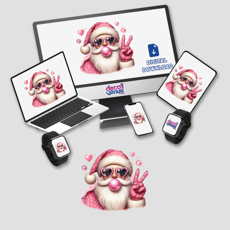 Retro Pink Christmas Santa Claus Blowing Bubble II depicted on a computer monitor and laptop, featuring a cartoon Santa with bubble gum and sunglasses. Available as stickers or digital artwork.