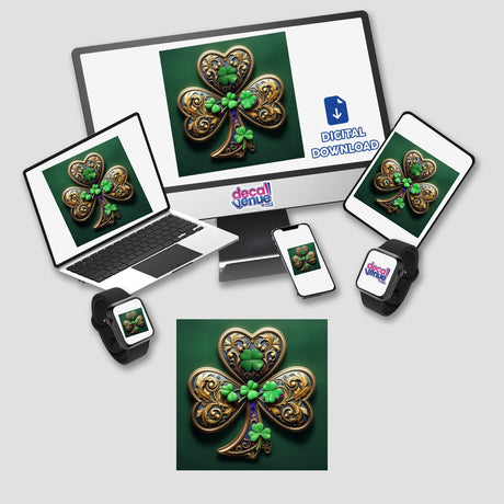 Luxurious Ornate Shamrock with Golden Filigree and Gem Accents displayed across a computer monitor and laptop, ideal as stickers or digital artwork from Decal Venue.