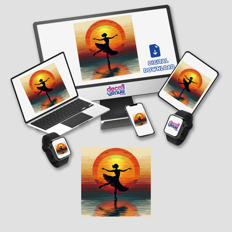 Dancer Silhouette with Bold Color Stripes displayed on a computer monitor and laptop screens, highlighting unique stickers or digital artwork from Decal Venue.