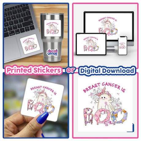 Collage of Gold Breast Cancer Series 10 stickers and digital artwork featuring cartoon ghosts, displayed on laptops and held by hand.