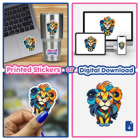 A Cute Little Lion sticker collage featuring various cartoon lion designs, suitable for laptops and cups, available as stickers or digital artwork from Decal Venue.