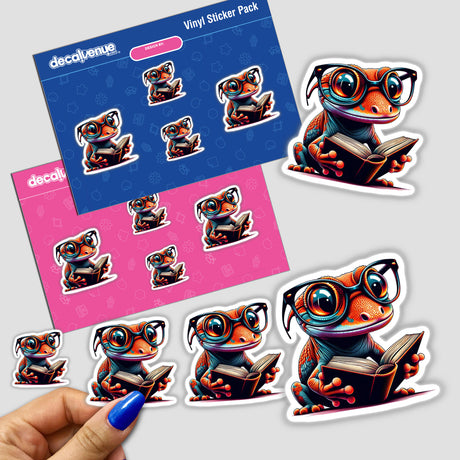 Gecko With Reading Glasses Open Book sticker pack featuring cartoon geckos engrossed in books, available as vinyl stickers or digital artwork from Decal Venue.