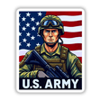 U.S. Army - American Soldier With Flag: Cartoon soldier in uniform with helmet and goggles, holding a rifle, available as stickers or digital artwork from Decal Venue.