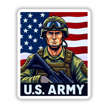 U.S. Army - American Soldier With Flag: Cartoon soldier in uniform with helmet and goggles, holding a rifle, available as stickers or digital artwork from Decal Venue.