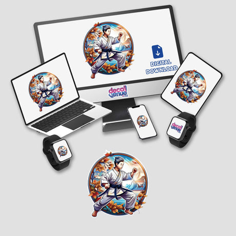 Colorful digital artwork featuring a martial arts figure surrounded by various Japanese elements, displayed on various electronic devices including a laptop, smartphone, and smartwatch. The Decal Venue logo in the image indicates this is a digital product available for download from their store.