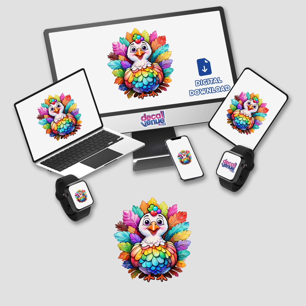 Thanksgiving Turkey Delight: Kawaii Rainbow Floral Splash Sticker displayed on a laptop, computer monitor, tablet, smartphone, and smartwatch, featuring a colorful cartoon turkey with vibrant feathers.