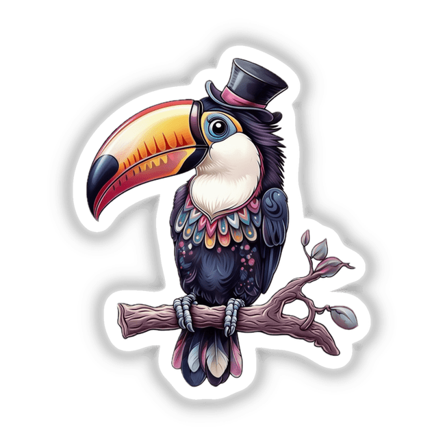 Elegant Toucan with a Colorful Beak and Stylish Top Hat cartoon, available as stickers or digital artwork, depicting a toucan perched on a branch, ideal for unique vinyl decal enthusiasts.