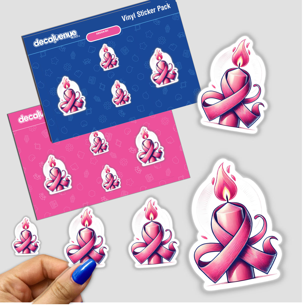 Pink Candle Pink Ribbon Breast Cancer stickers featuring pink candles and ribbons, available as both physical stickers and digital artwork.