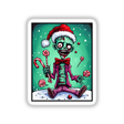 Zombie Christmas Photoshoot sticker or digital art featuring a cartoon zombie holding candy canes, surrounded by whimsical holiday-themed elements like a skeleton with a bow and candy-filled hands.