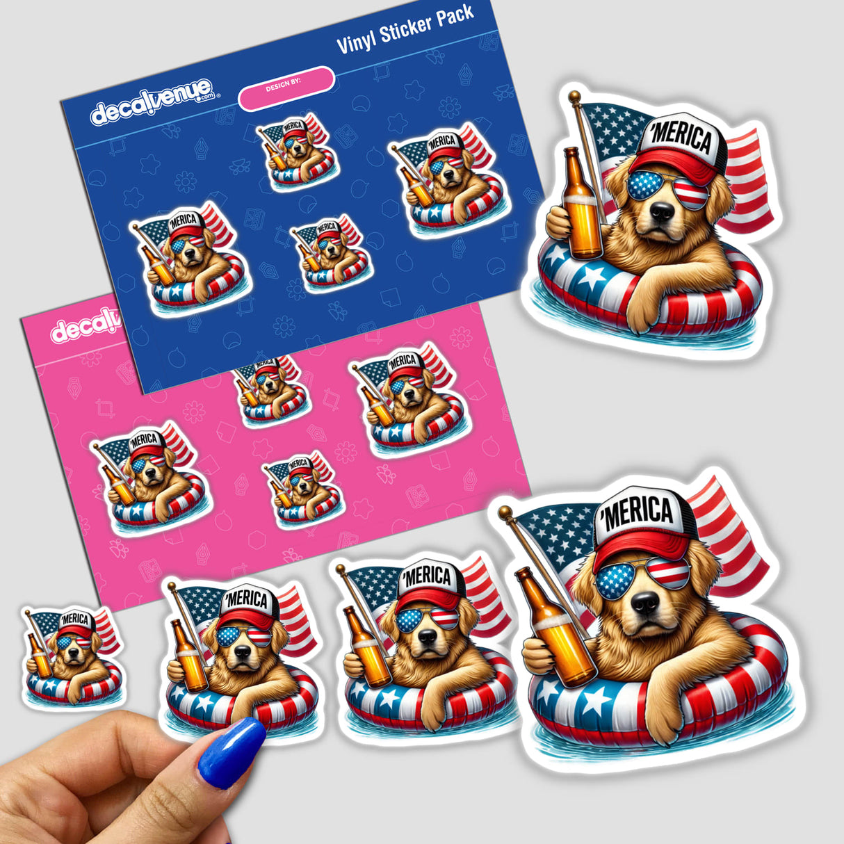 Colorful digital stickers featuring a golden retriever dog wearing patriotic American flag accessories, floating on an inflatable ring. The stickers are displayed on a vibrant pink and blue background with the Decal Venue brand logo. This product offers a fun, stylized representation of the beloved golden retriever breed celebrating American pride and independence.