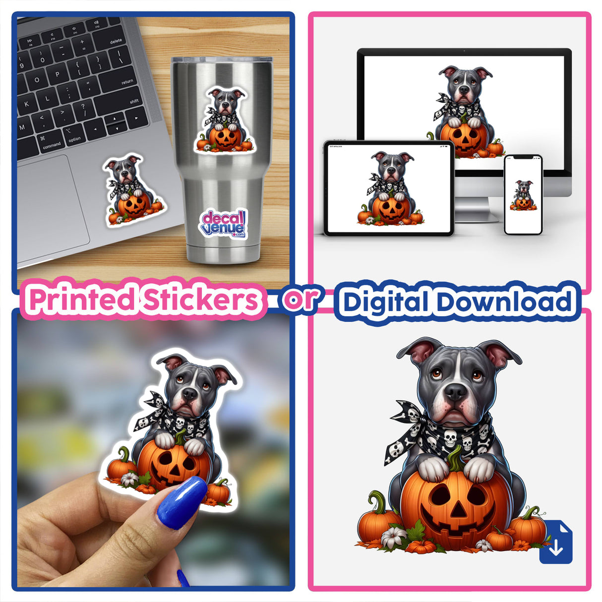 Skull Bandana Trick or Treat Pitbull Dog sticker collage featuring a cartoon pitbull wearing a scarf and holding a pumpkin, showcased on a laptop and other surfaces.