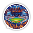 Dodger Stadium from above, showcasing a bustling baseball game set against a cityscape, available as unique stickers or digital artwork from Decal Venue.