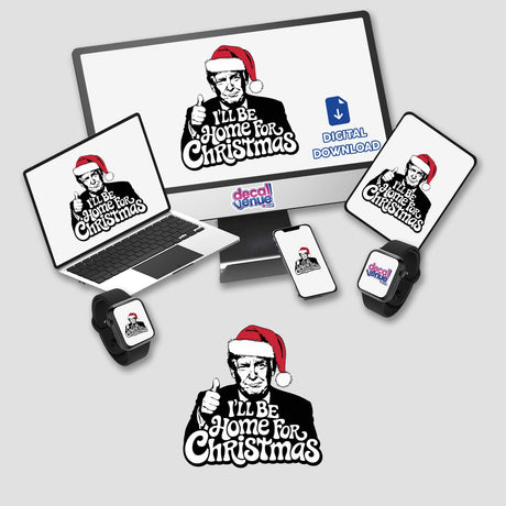 Trump in Santa Hat, I'll be home for Christmas MAGA V sticker features a cartoon of Trump wearing a Santa hat, giving a thumbs up, available as stickers or digital artwork.