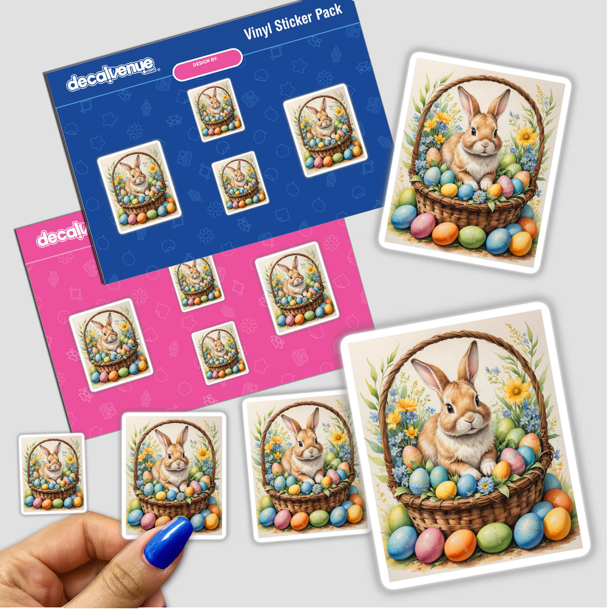 Cute Easter Bunny sticker featuring a cartoon rabbit nestled in a basket surrounded by eggs, available as a vinyl decal or digital artwork from Decal Venue.