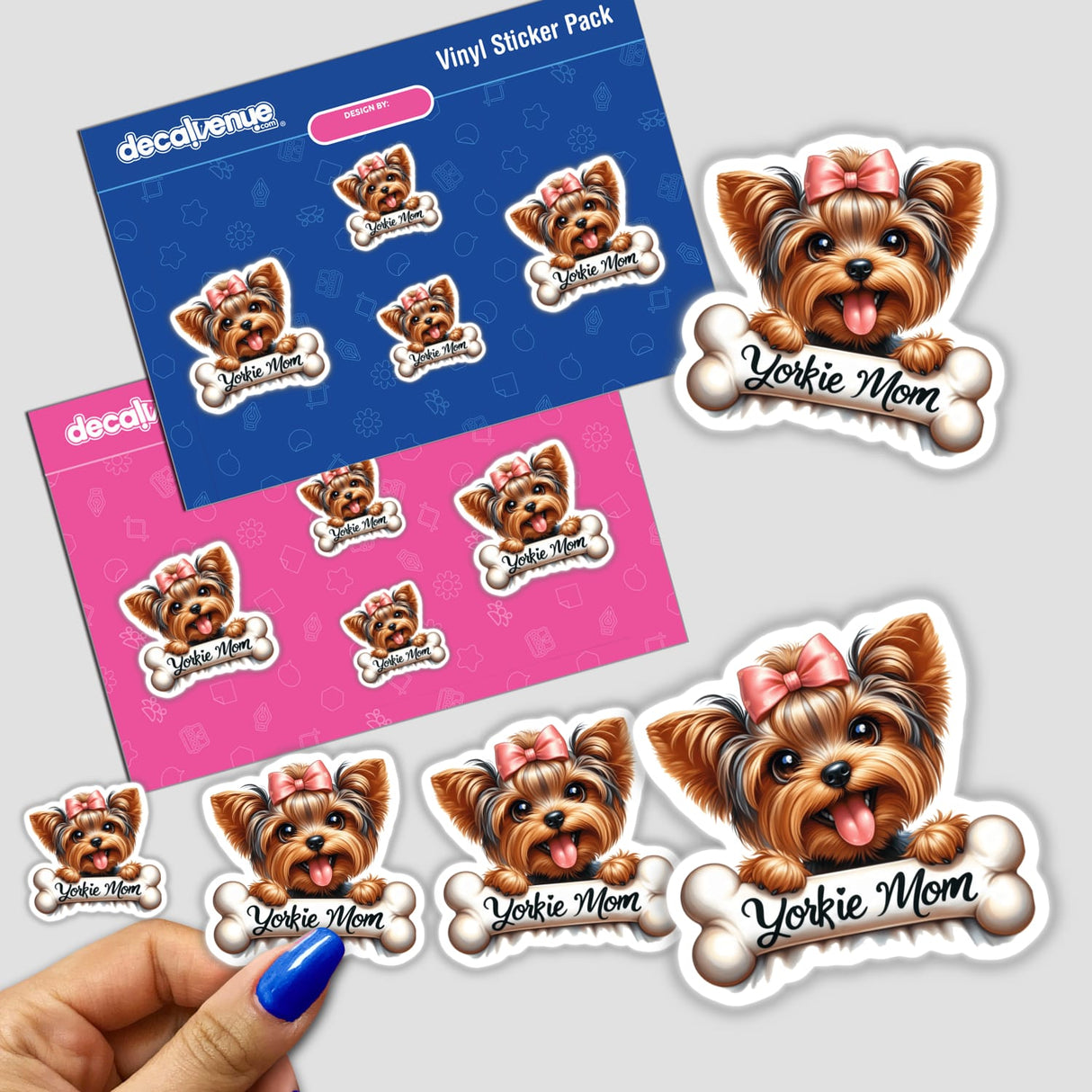 Colorful digital artwork featuring a happy Yorkie dog character with the text "Yorkie Mom" on various stickers and decals.