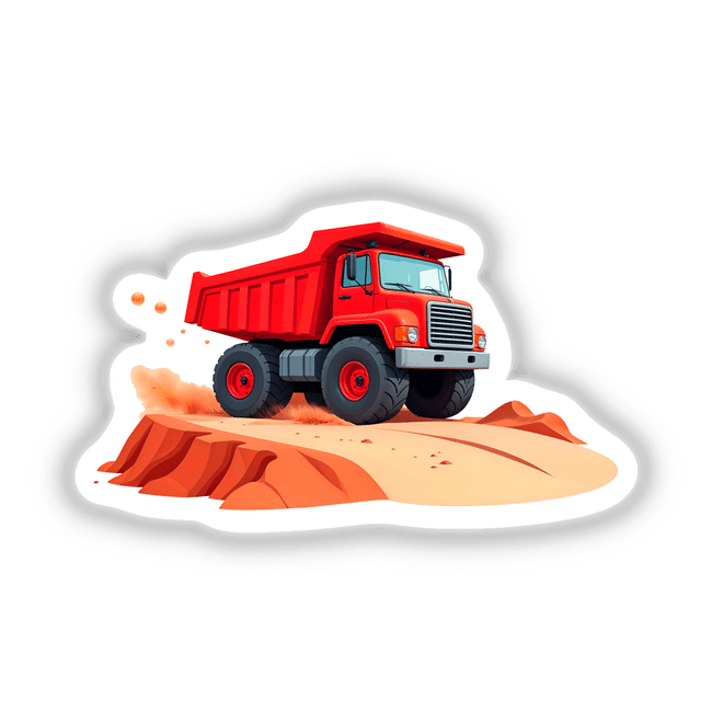 Red dump truck with large wheels, depicted on a hill, available as stickers or digital artwork from Decal Venue, known for unique stickers and digital art.