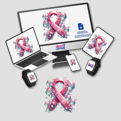 Bubbles Pink Ribbon Breast Cancer artwork displayed on various devices, including a computer monitor, laptop, tablet, phone, and smartwatch, available as stickers or digital artwork.