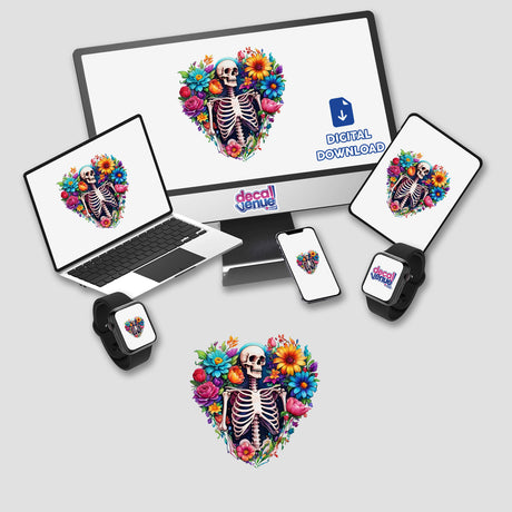 Skeleton heart design displayed on various devices, including a laptop, monitor, tablet, phone, and smartwatch, featuring a skeleton surrounded by flowers. Available as stickers or digital artwork.