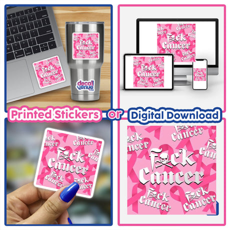 Gold Breast Cancer Series 11 stickers collaged, featuring a pink ribbon, skull, and various designs, shown on a laptop, phone, and stainless steel cup.