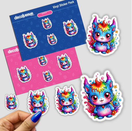 Cute devil-themed sticker pack featuring colorful cartoon animals with unique hair and horns, including a hand holding the pack. Available as stickers or digital artwork.