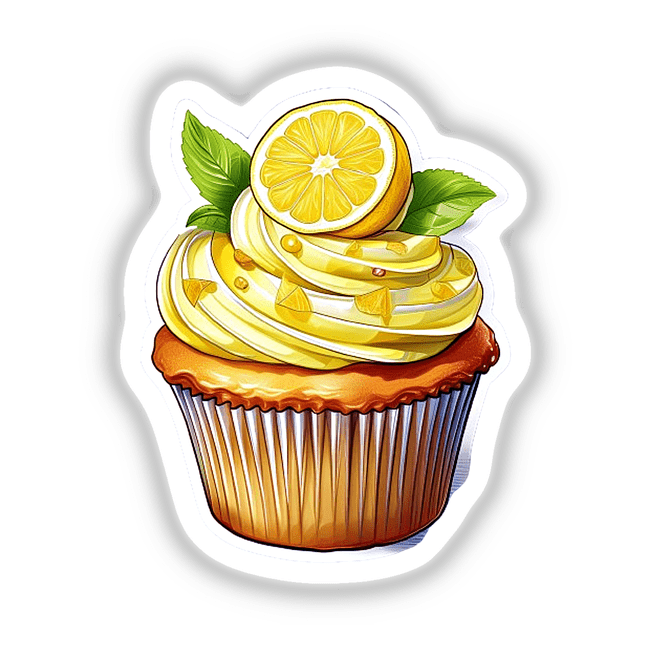 Lemon cupcake with fresh citrus slices and green leaves, sweet bakery delight on display