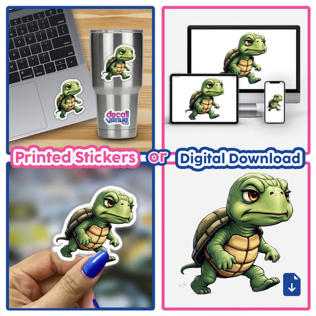 Adorably Grumpy Turtle with Determined Expression sticker or digital artwork, featuring a cartoon turtle with a sad face and a determined look, perfect for personalizing items or digital use.