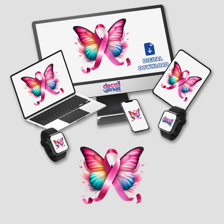 Butterfly Breast Cancer Pink Ribbon design on a computer monitor and laptop, showcasing butterflies and a pink ribbon; available as stickers or digital artwork from Decal Venue.