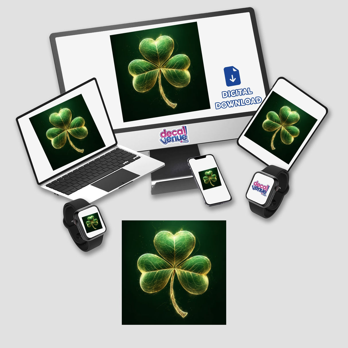 Luminous Shamrock – Glowing Green Clover with Delicate Gold Veins displayed on a computer monitor, laptop, and smart devices, showcasing its versatility as both stickers and digital artwork.