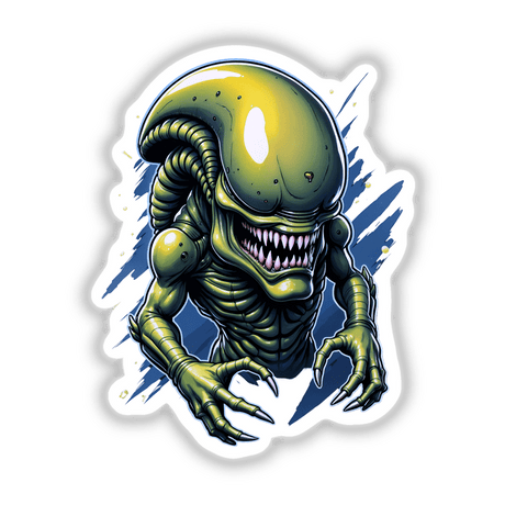 Cartoon illustration of A Cool Xenomorph Alien Warrior featuring a green alien face with sharp teeth, available as stickers or digital artwork from Decal Venue.