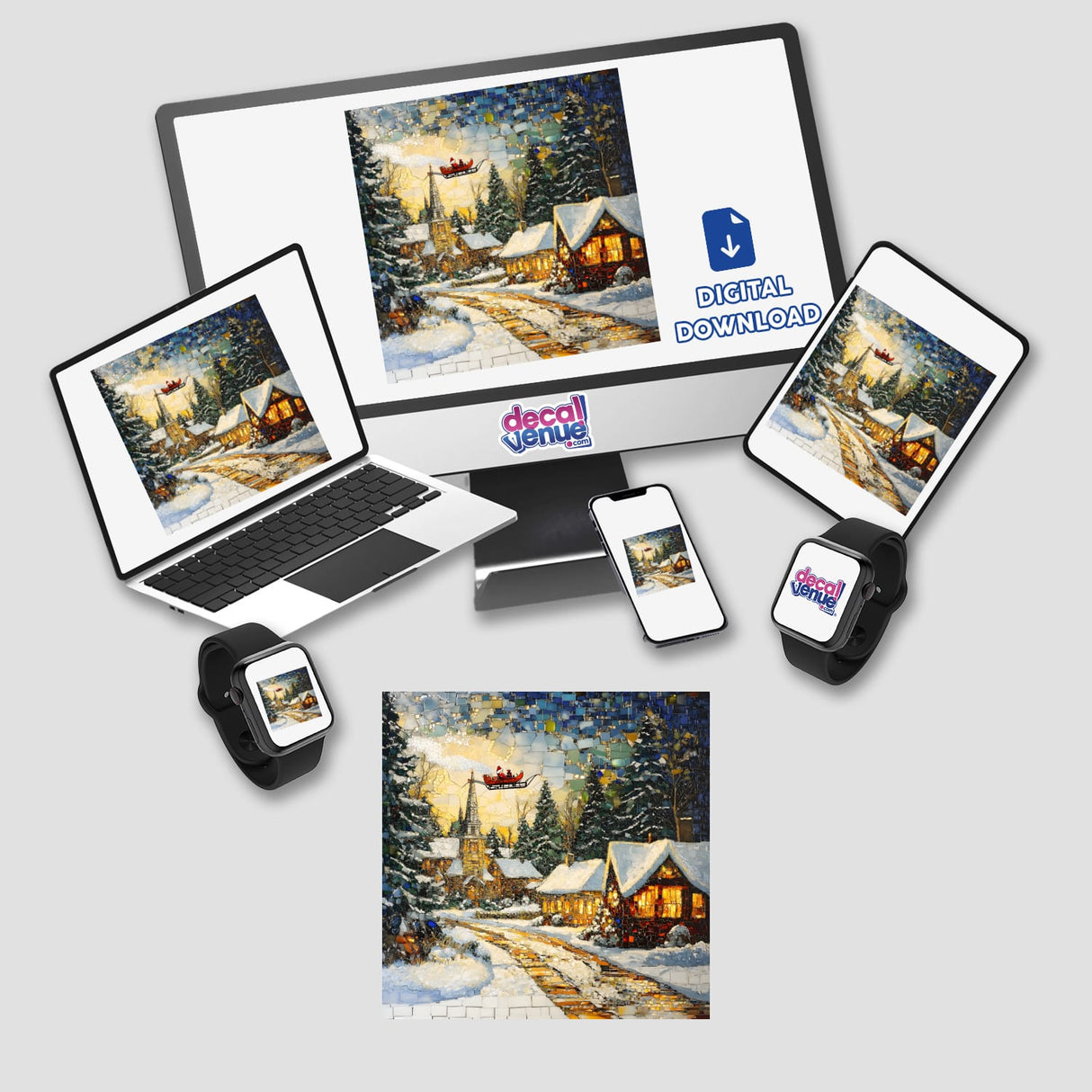 Santa's Sleigh Flying Over a Snowy Village Mosaic displayed on various devices, illustrating the artwork available as stickers or digital art from Decal Venue.