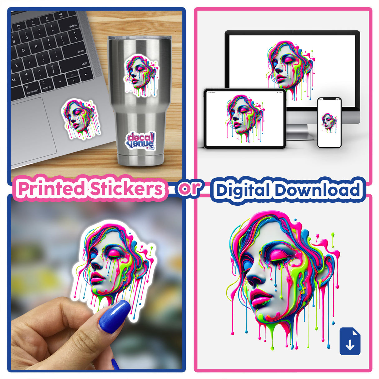 Psychedelic Neon Drip Face sticker featuring a vibrant, surreal melting woman's face, blending striking digital art elements for a unique visual. Available as stickers or digital artwork.