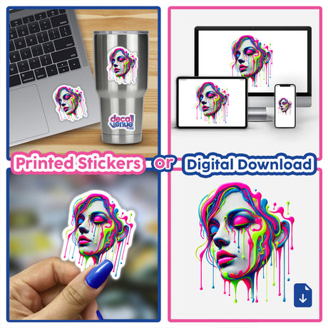 Psychedelic Neon Drip Face sticker featuring a vibrant, surreal melting woman's face, blending striking digital art elements for a unique visual. Available as stickers or digital artwork.