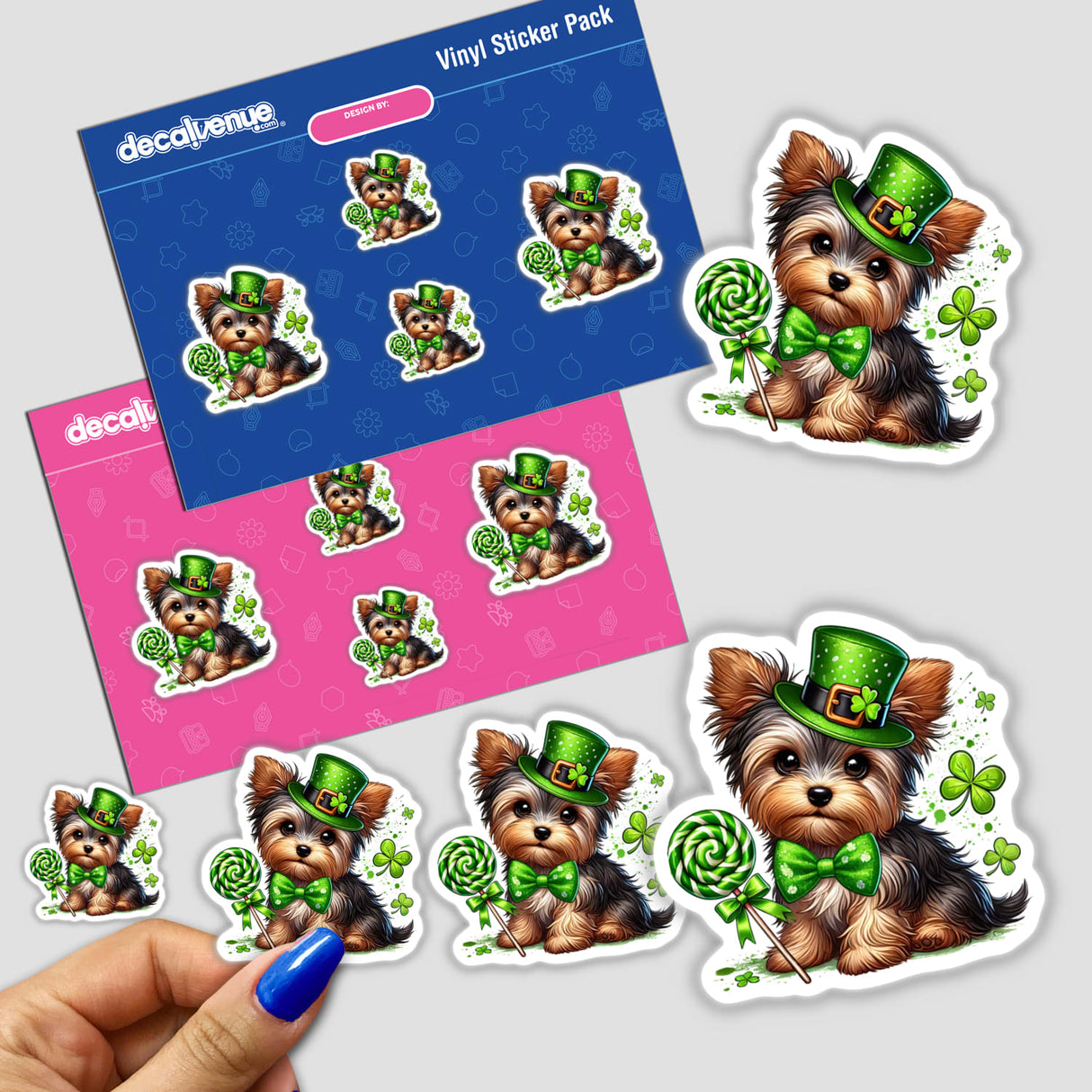 Stickers featuring a St. Patrick's Day Leprechaun Yorkie Dog wearing a green hat and bow tie, available as unique vinyl stickers or digital artwork from Decal Venue.