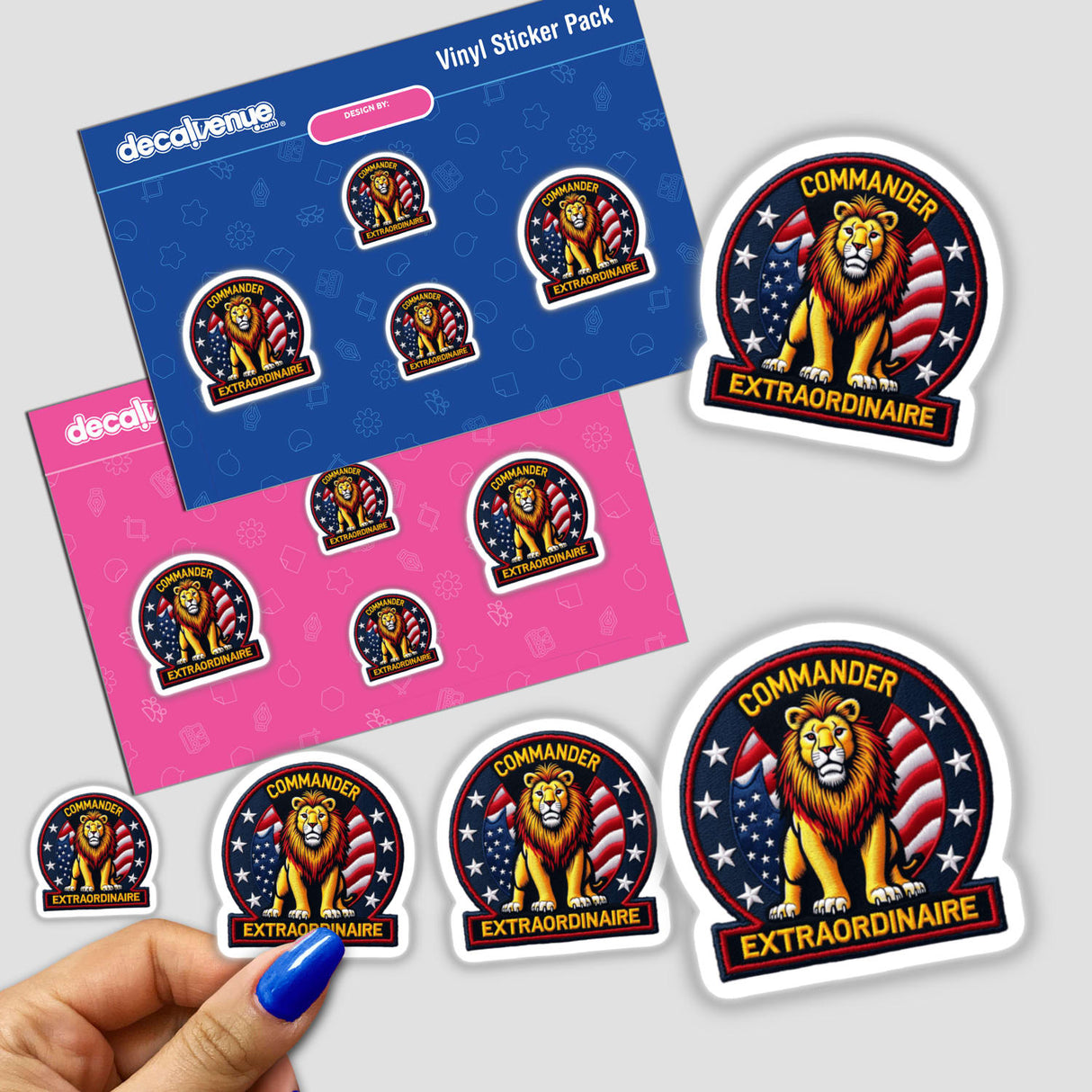 Commander Extraordinaire sticker featuring a lion with stars and stripes, showcased with a close-up of a person's finger. Available as stickers or digital artwork.