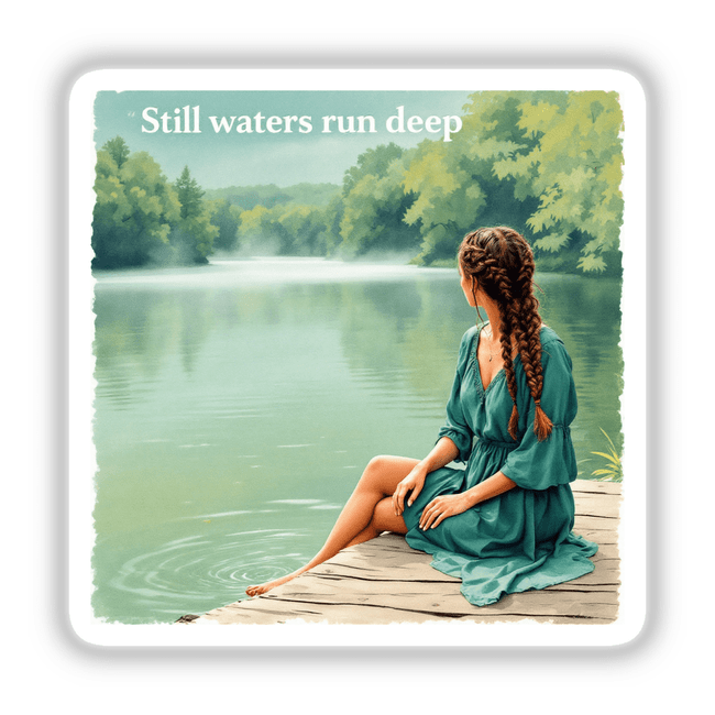 Woman on a Wooden Pier by a Lake – “Still waters run deep”: A serene digital artwork or sticker featuring a woman gazing at a tranquil lake from a wooden dock.