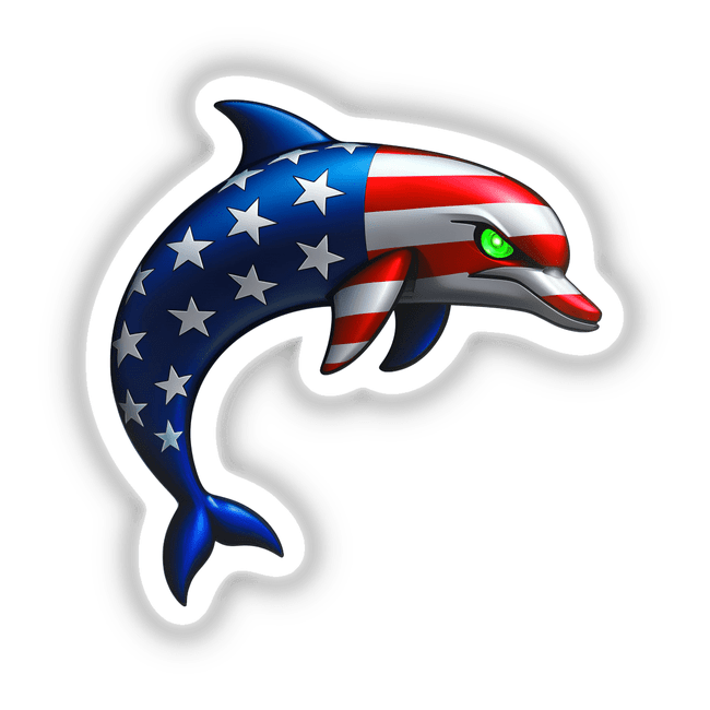 A Cool American Flag Dolphin depicted as a vibrant graphic, showcasing a dolphin adorned with an American flag motif, available as unique stickers or digital artwork from Decal Venue.