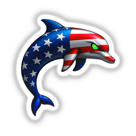 A Cool American Flag Dolphin depicted as a vibrant graphic, showcasing a dolphin adorned with an American flag motif, available as unique stickers or digital artwork from Decal Venue.