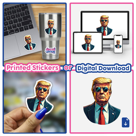 Collage featuring President Donald Trump in various cartoonish depictions wearing sunglasses; available as unique vinyl stickers or digital artwork at Decal Venue.