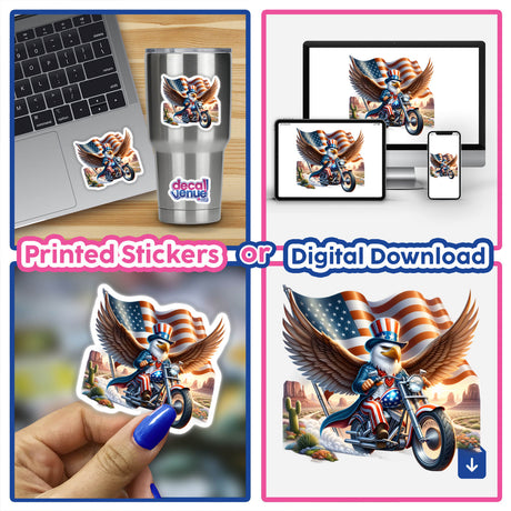 Patriotic eagle riding motorcycle in desert, available as stickers or digital download format