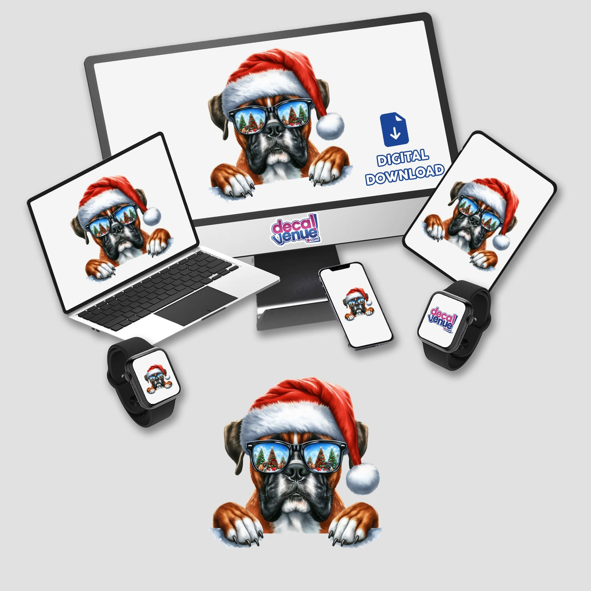 Peeking Santa Christmas Boxer Dog sticker featuring a dog wearing a Santa hat and sunglasses, displayed on a computer monitor and laptop screen, available as unique stickers or digital artwork.