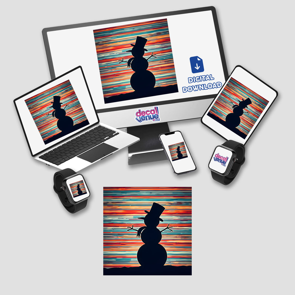 Snowman Silhouette with Vibrant Stripes Christmas displayed on various devices including a laptop, tablet, phone, and watch. Available as stickers or digital artwork from Decal Venue.