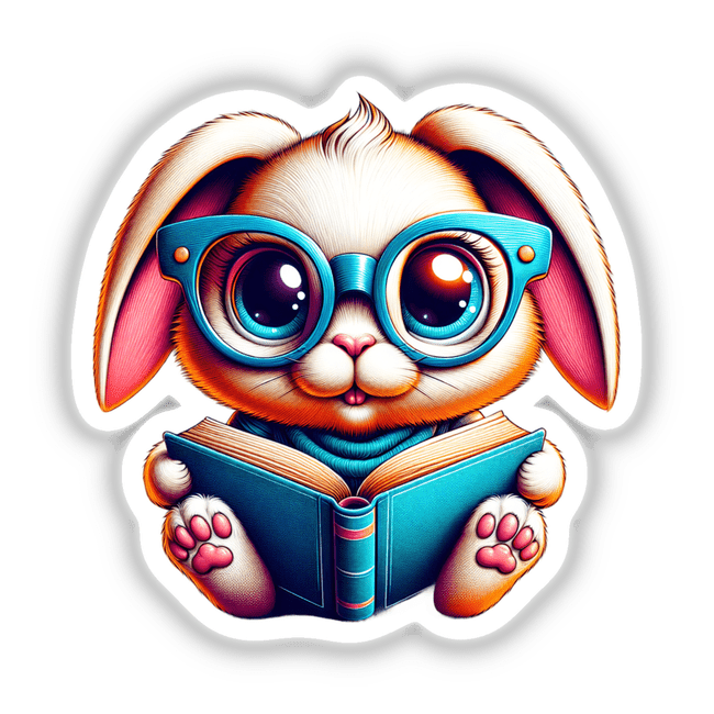 Bunny With Reading Glasses Open Book: A cartoon rabbit wearing glasses, intently reading a book. Available as unique stickers or digital artwork from Decal Venue.