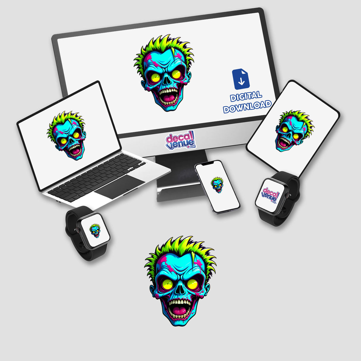 A Cool Neon Punk Skull illustrated on a computer monitor and laptop, showcasing bold digital artwork available as stickers or digital prints.