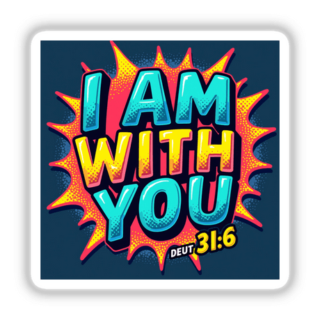 I Am with You Christian Sticker featuring Deuteronomy 31:6 Bible verse in vibrant graphic design, available as stickers or digital artwork, ideal for personal or commercial use.