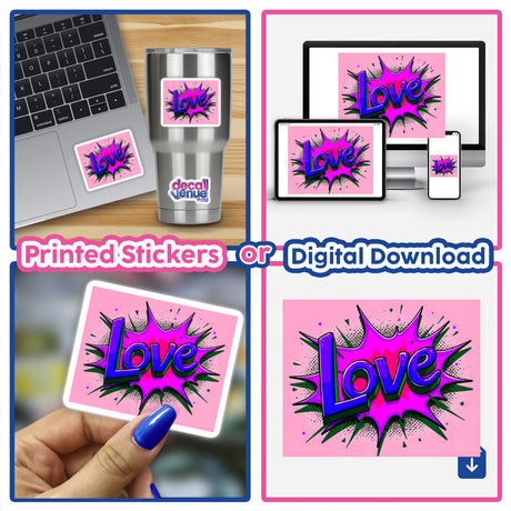 Collage of Love Valentine's Day stickers and digital downloads, featuring various text designs on laptops and cards, exemplifying Decal Venue's unique sticker and digital art offerings.