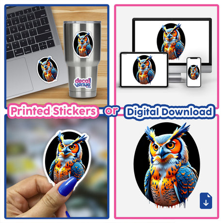 A Cool Hybrid Hawk Owl sticker or digital artwork featuring a vibrant owl design, ideal for laptops or walls, showcasing Decal Venue's unique style.