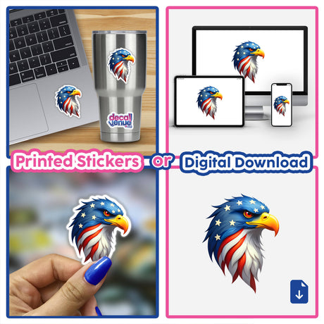 Collage of A Cool American Flag Eagle stickers, featuring cartoon eagles adorned with stars, showcased on various surfaces, available as stickers or digital artwork from Decal Venue.