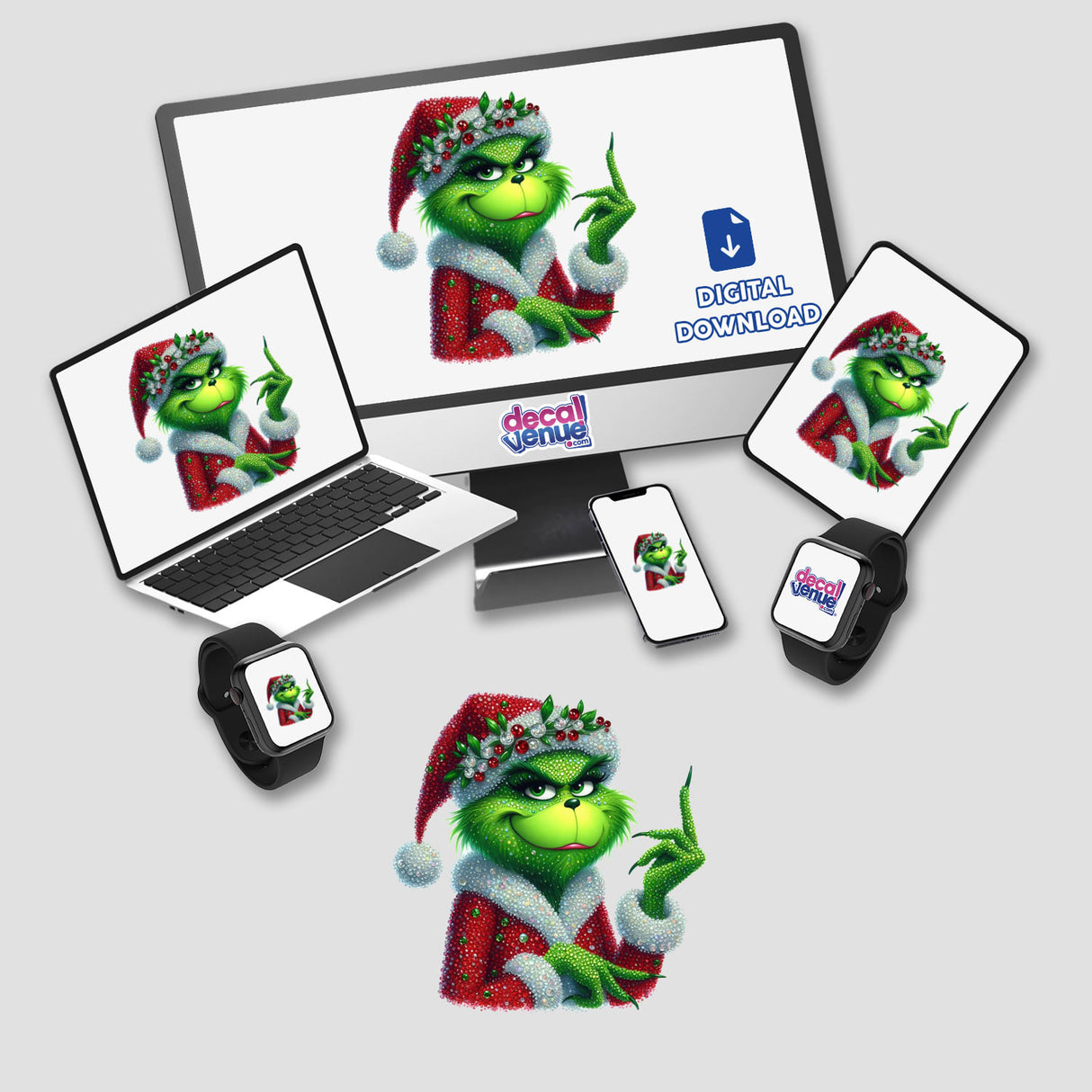 Up Your Chimney Green Grouch Rhinestone Santa depicted on a laptop and monitor, showcasing the cartoon character in various digital forms, available as unique stickers or digital artwork.