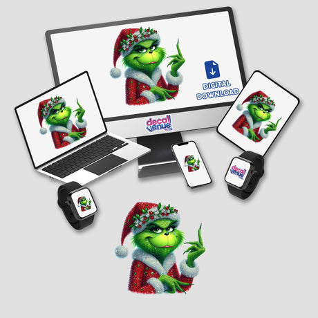 Up Your Chimney Green Grouch Rhinestone Santa depicted on a laptop and monitor, showcasing the cartoon character in various digital forms, available as unique stickers or digital artwork.